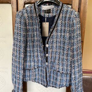 Madeleine Women's Jacket Coat Tweet Boucle Blue Button Front, Size S/M, NEW!!